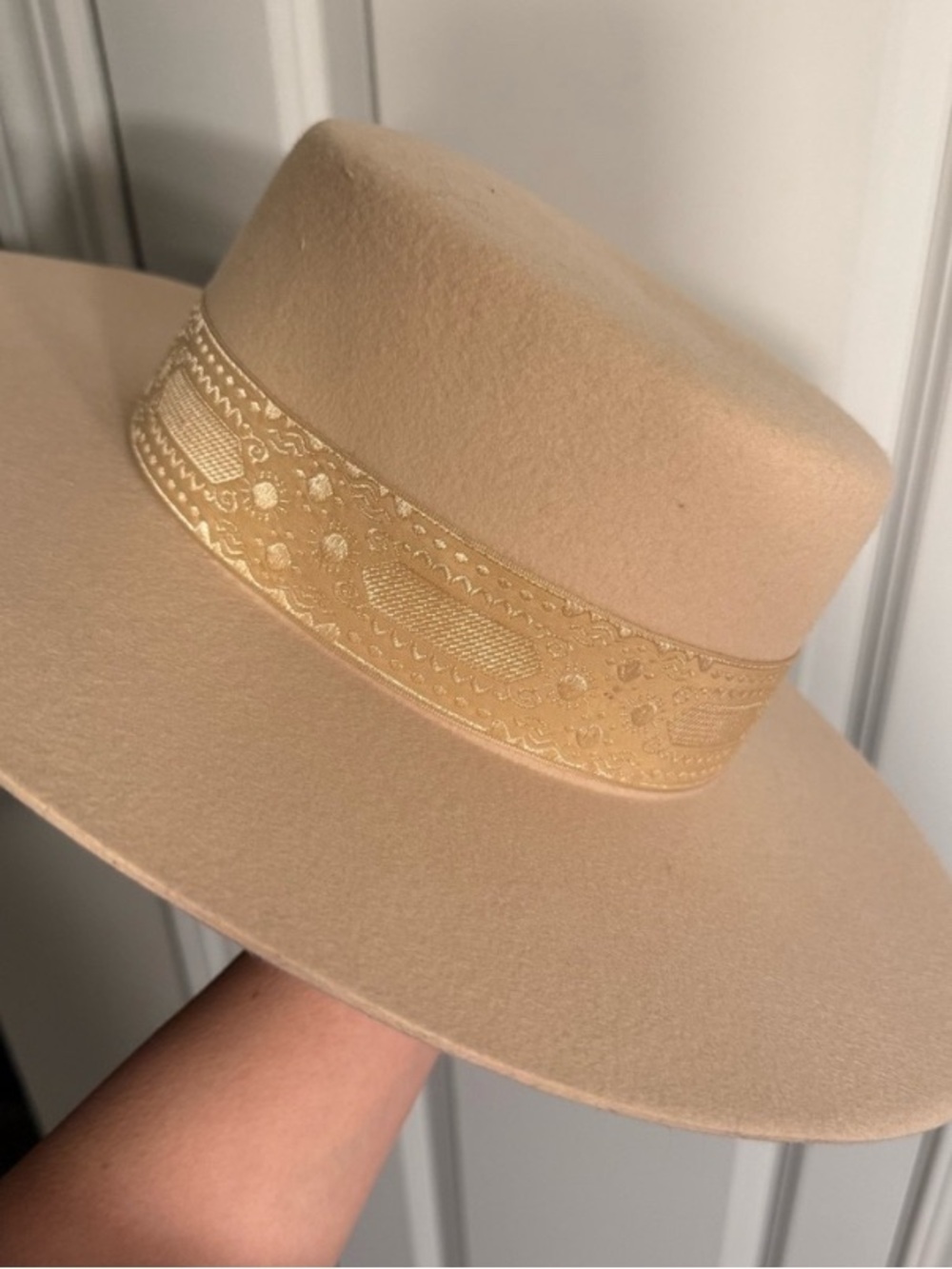 Lack Of Color Pale Cream Wide Brim Felt Boater with Embroidered Trim